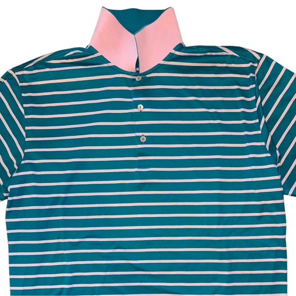 Peter Millar Crown Teal Pink Striped Polo w Contrast Collar - Picture 5 of 11
